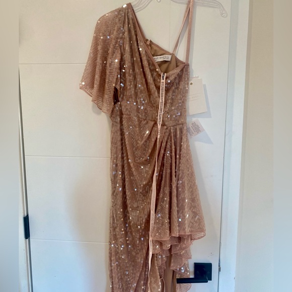 Sequined Flutter Sleeve One Shoulder Draped Gown- Mauve - Picture 4 of 8